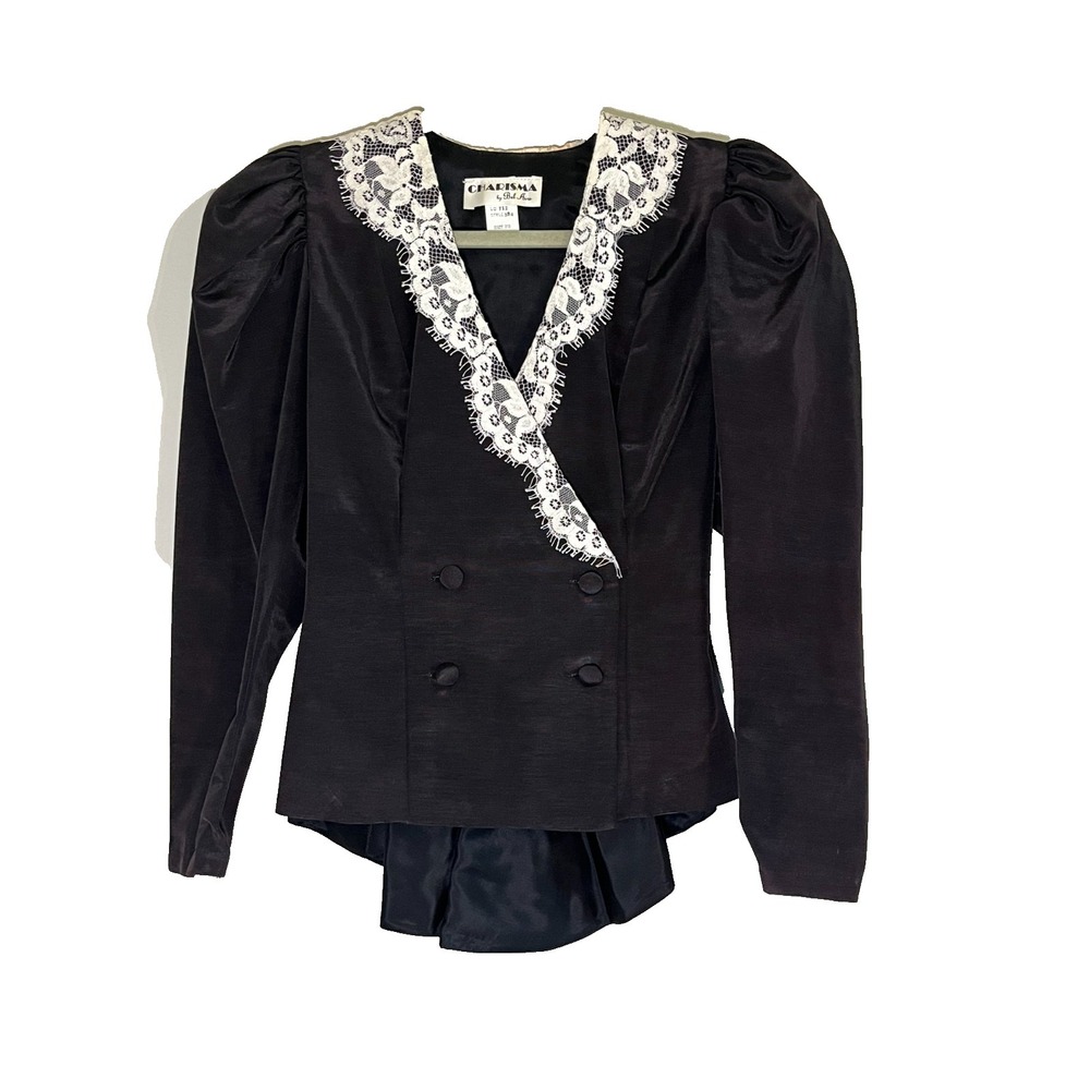 Vintage Floral Lace Jacket Black 7 Boho Indie 1980s Peplum Gothic Victorian Mod